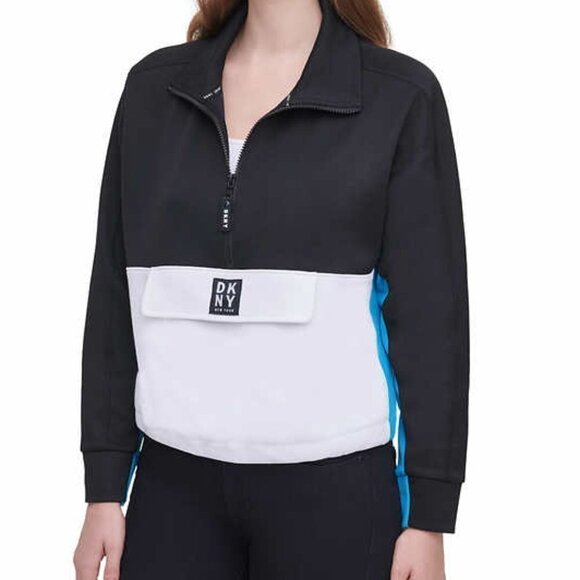 NWT - DKNY Ladies' 1/2 Zip Pullover - Black and White with Teal accent - Size M - Picture 1 of 7
